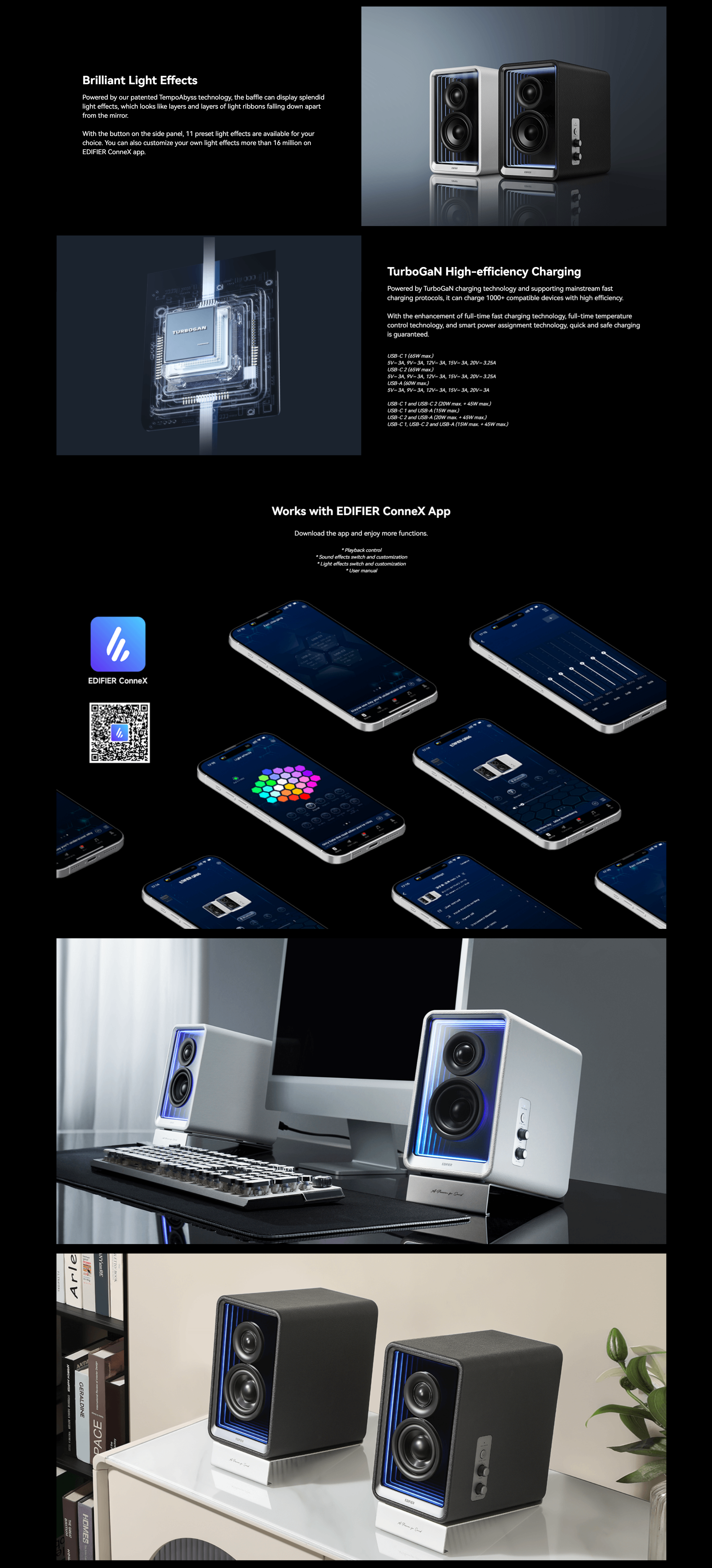 A large marketing image providing additional information about the product Edifier QR65 - Active Desktop Speakers with GaN Charger (Black) - Additional alt info not provided